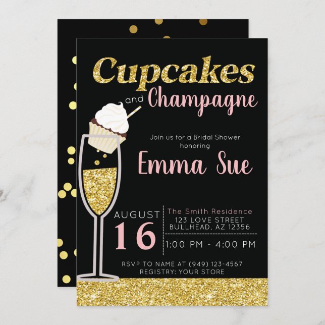 Invitation Cupcakes & Champagne Black & Gold Brive (Devant / Derrière)