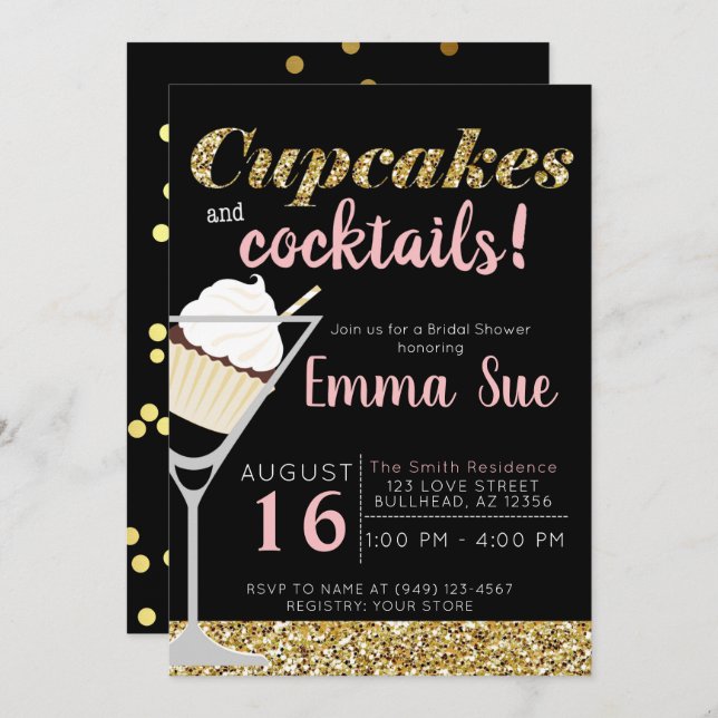 Invitation Cupcakes & Cocktails Black & Gold Bridal shower (Devant / Derrière)