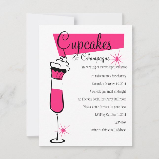 Invitation Cupcakes et Champagne en rose chaud (Devant)
