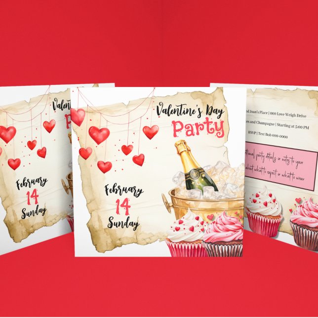 Invitation Cupcakes et Champagne Saint Valentin (Cupcakes and Champagne Valentines Day party invite with red hearts and cute cakes. )
