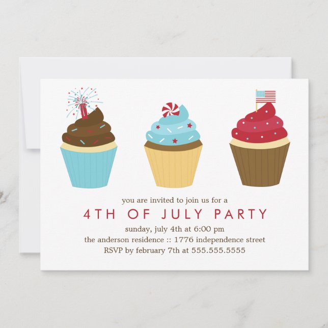 Invitation Cupcakes rouge blanc et bleu 4 juillet fête (Devant)