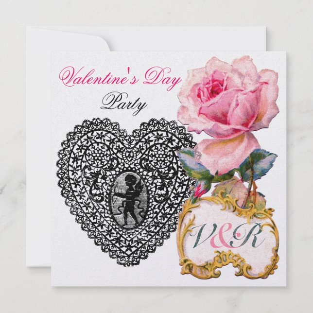 INVITATION CUPID LACE CŒUR ET VALENTINE MONOGRAMME ROSE PINK (Devant)