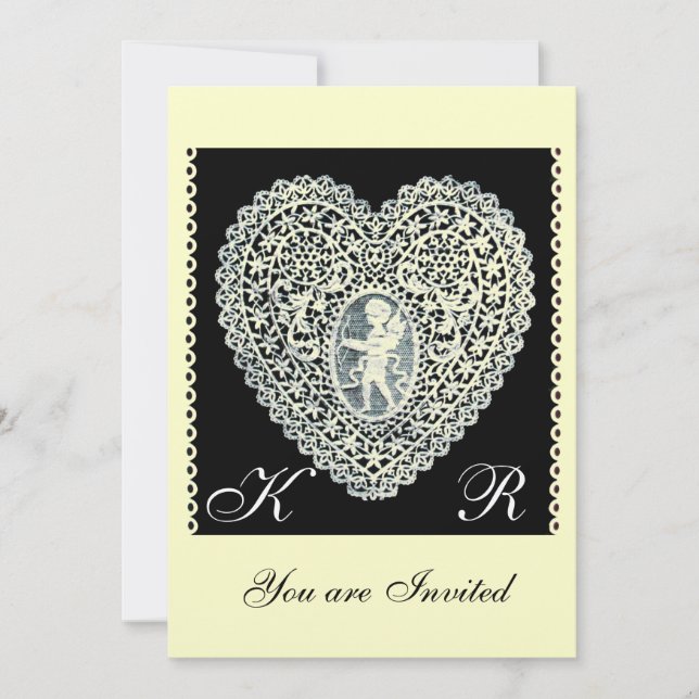 Invitation CUPID LACE HEART MONOGRAMME papier métallisé or (Devant)