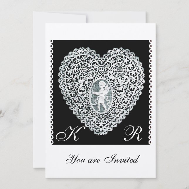 Invitation CUPIDON DENTELLE COEUR MONOGRAMME papier feutré (Devant)