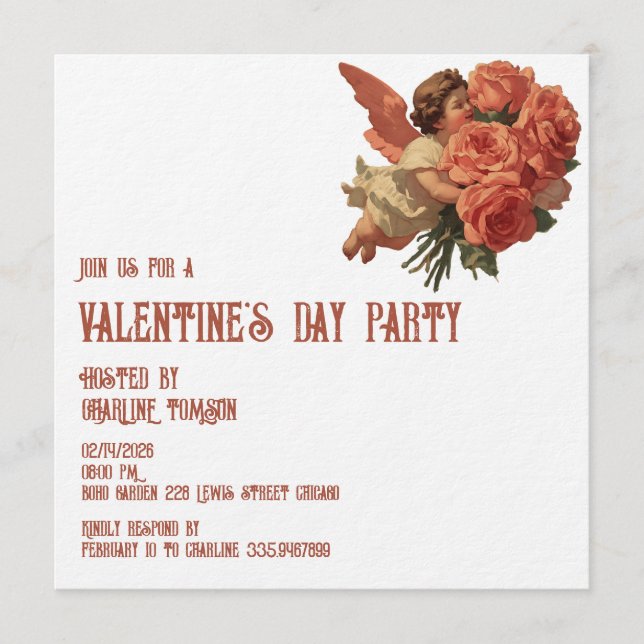Invitation Cupidon Vintage avec Bouquet de Roses (Devant)