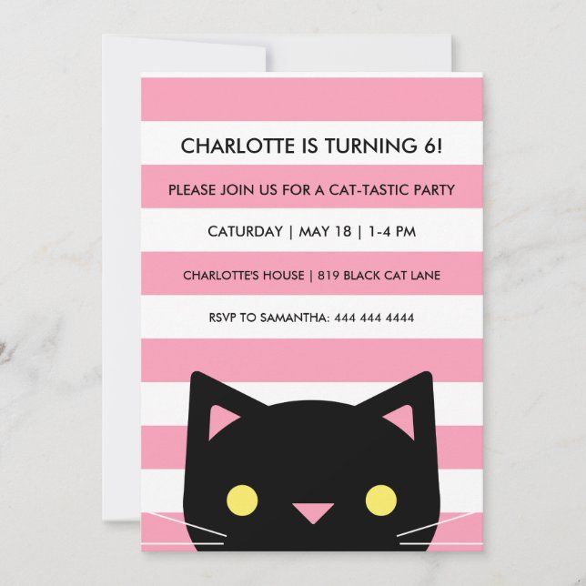 Invitation Curieux chat noir | Rayures | Fête d'anniversaire (Devant)