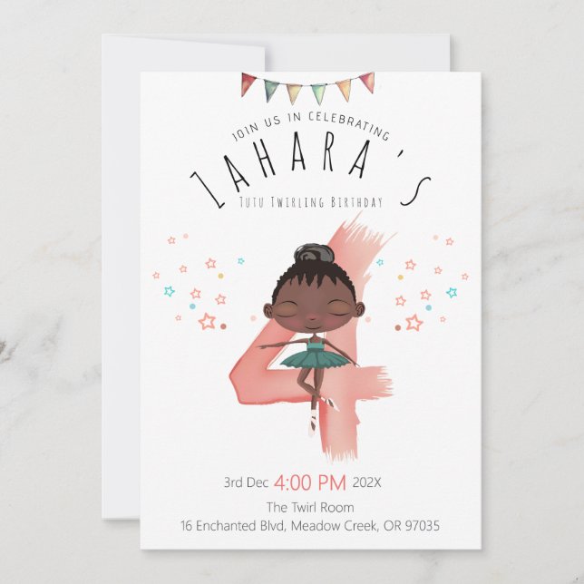 Invitation Curly Ballerina 4e fille anniversaire (Devant)