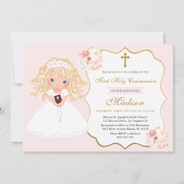 Invitation Curly haired Girl First Communion Soft Pink floral (Devant)