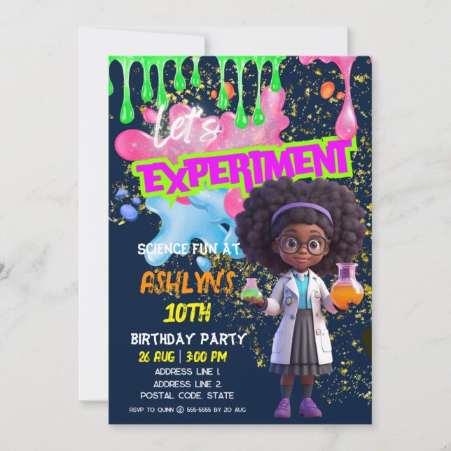 Invitation Curly Haired Girl Scientist Fun Science Anniversai (Devant)