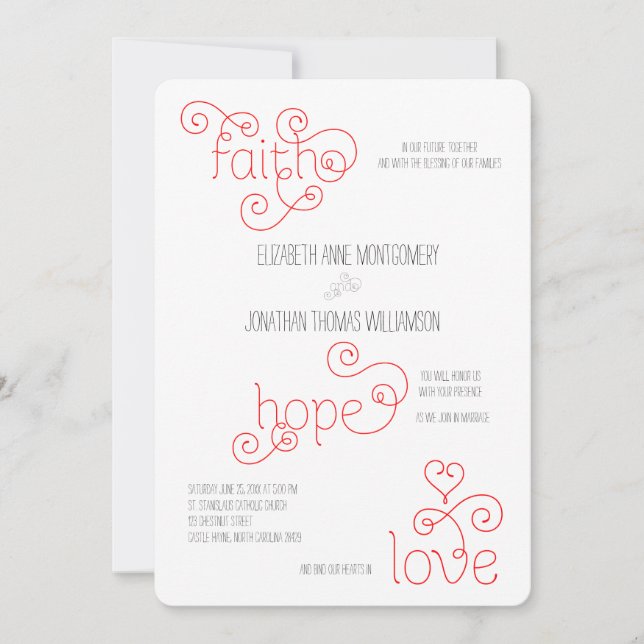 Invitation Curly Red Script Faith Hope Love Mariage (Devant)