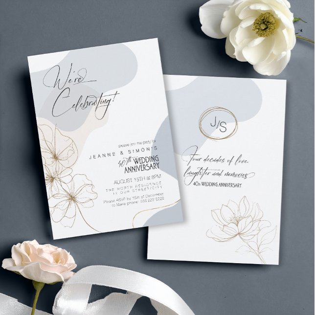 Invitation Cursive Floral 40e Anniversaire Bleu Poussiéreux I (Créateur téléchargé)