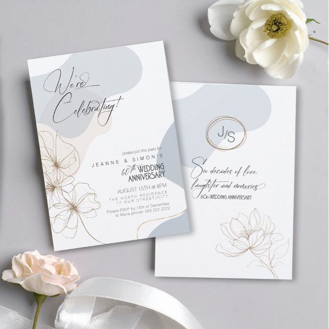 Invitation Cursive Floral 60e Anniversaire Dusty Blue ID1168 (Créateur téléchargé)