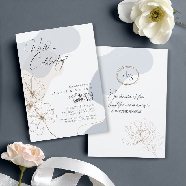 Invitation Cursive Floral 60ème Anniversaire Bleu Poussiéreux (Créateur téléchargé)