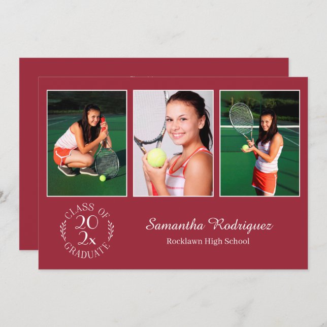 Invitation Custom 3 Photo Chic Burgundy Graduation Party (Devant / Derrière)