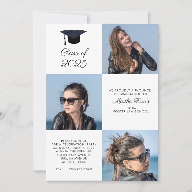 Invitation Custom 3 Photo Collage Classe Graduation Invitatio (Devant)