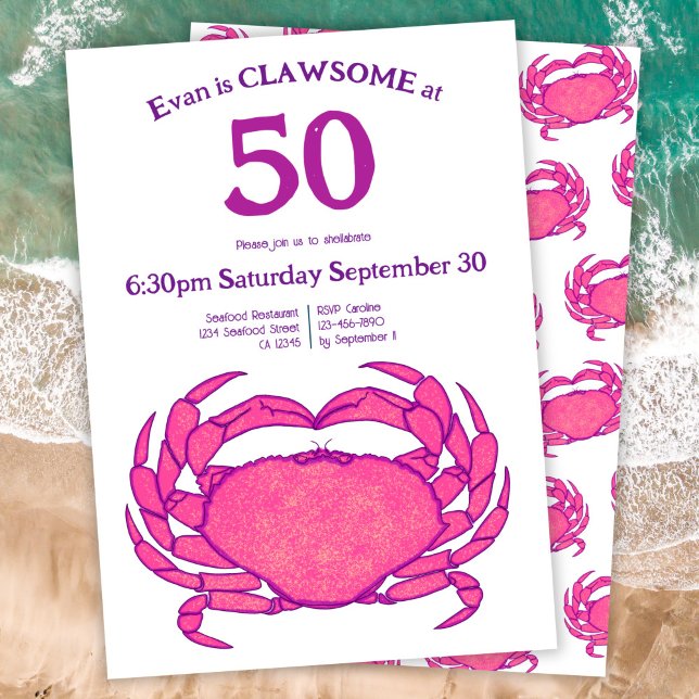 Invitation Custom 50th Birthday Bold Pink Crab Seafood Pun (Créateur téléchargé)