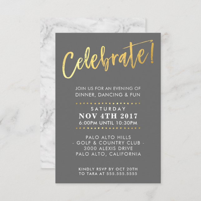 Invitation CUSTOM Bar Mitzvah boîtier partie gris + or (Devant / Derrière)