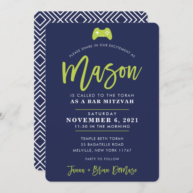Invitation CUSTOM Bar Mitzvah Jeu moderne marine + chaux MASO (Devant / Derrière)