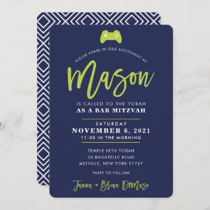 Invitation CUSTOM Bar Mitzvah Jeu moderne marine + chaux MASO