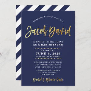 Invitation CUSTOM Bar Mitzvah marine moderne + nom d'or JACOB