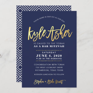 Invitation CUSTOM Bar Mitzvah marine moderne + nom d'or KYLE
