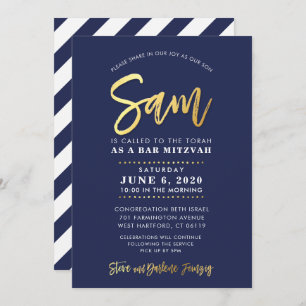Invitation CUSTOM Bar Mitzvah marine moderne + nom d'or SAM