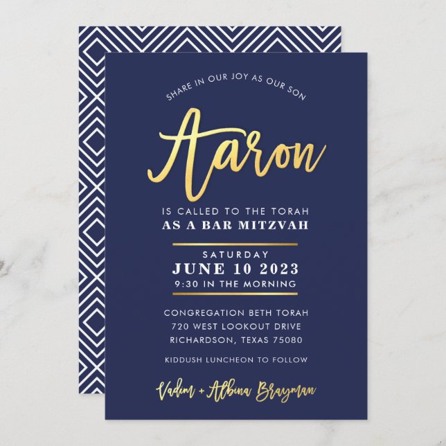 Invitation CUSTOM Bar Mitzvah marine moderne + nom or AARON (Devant / Derrière)