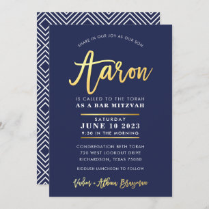 Invitation CUSTOM Bar Mitzvah marine moderne + nom or AARON