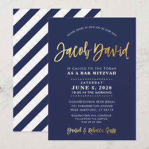 Invitation CUSTOM Bar Mitzvah marine moderne + nom or JACOB