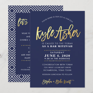 Invitation CUSTOM Bar Mitzvah marine moderne + nom or KYLE