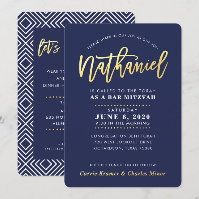 Invitation CUSTOM Bar Mitzvah marine moderne or NATHANIEL (Devant / Derrière)