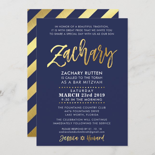 Invitation CUSTOM Bar Mitzvah marine moderne + or ZACHARY (Devant / Derrière)