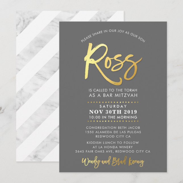 Invitation CUSTOM Bar Mitzvah moderne gris + or ROSS (Devant / Derrière)