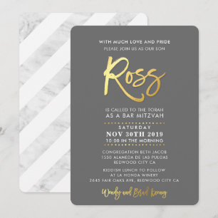 Invitation CUSTOM Bar Mitzvah moderne gris + or script ROSS