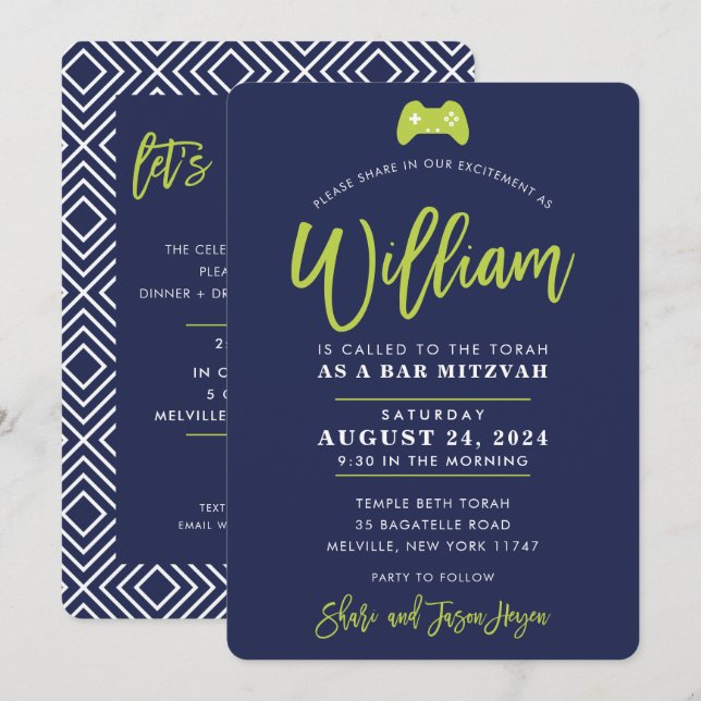 Invitation CUSTOM Bar Mitzvah moderne jeu marine chaux WILLIA (Devant / Derrière)