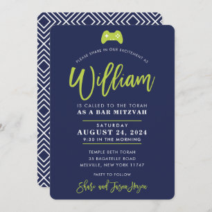 Invitation CUSTOM Bar Mitzvah moderne jeu marine chaux WILLIA