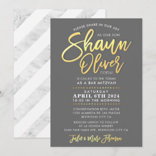 Invitation CUSTOM Bar Mitzvah nom du script d'or SHAUN
