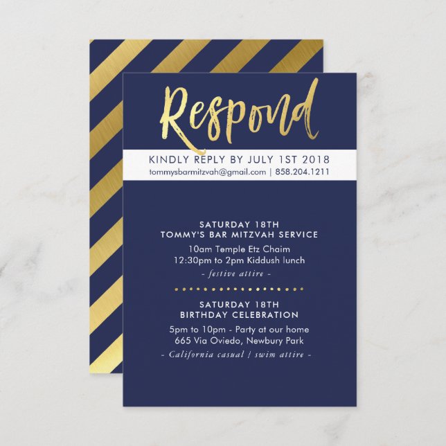Invitation CUSTOM Bar Mitzvah parti Tommy navy + or (Devant / Derrière)
