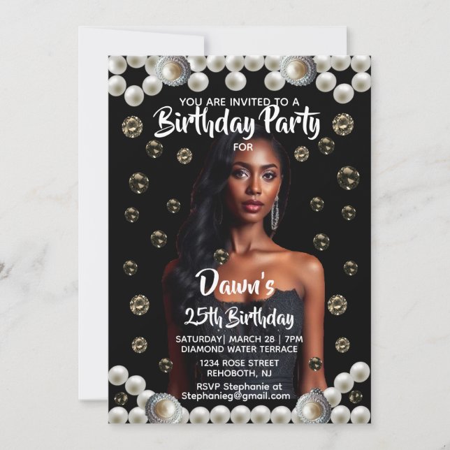 Invitation Custom Birthday Party Diamond, & Pearl Photo Black (Devant)