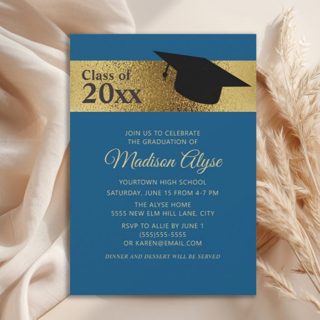 Invitation Custom Blue Gold Black Casquette Classe de diplôme (Blue and gold graduation cap graduation party invitation)