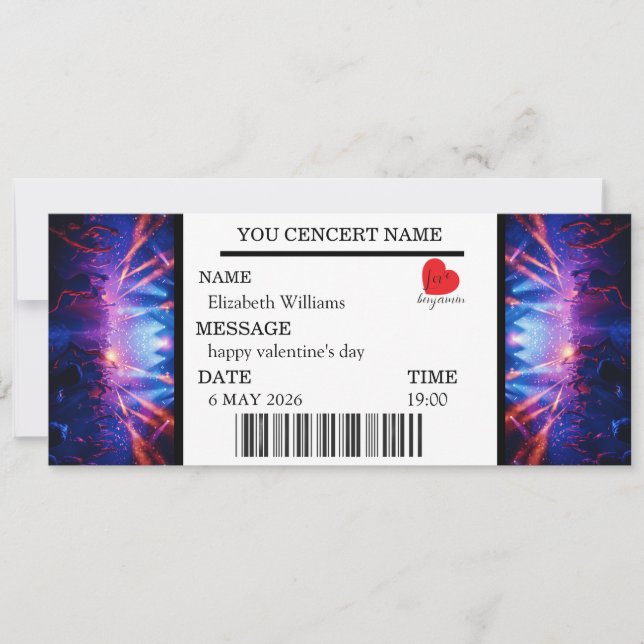 Invitation Custom Concert Ticket Gift Girl valentine's day (Devant)