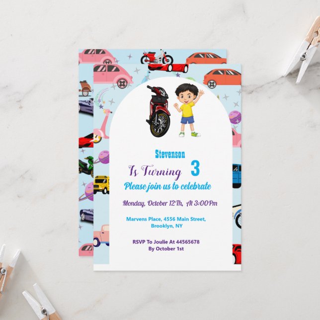 Invitation Custom Cute voiture moto fête d'anniversaire Invit (Devant/Arrière en situation)