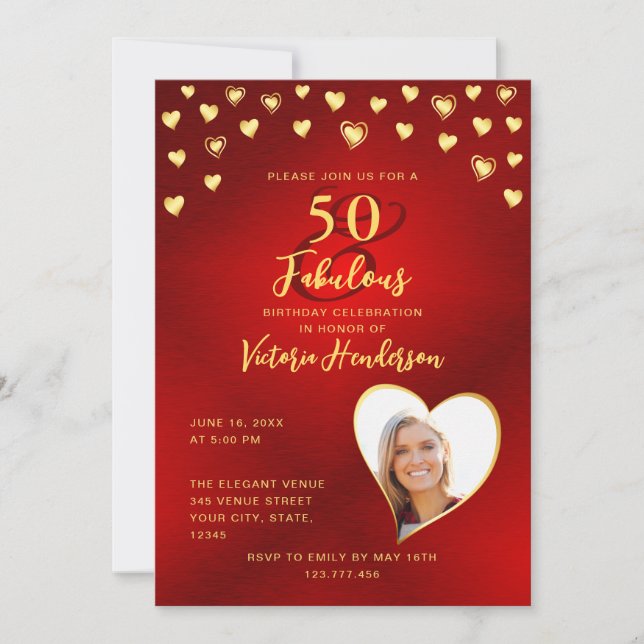 Invitation Custom Elegant Red & Gold 50 et Fabuleux anniversa (Devant)