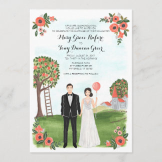 Invitation Custom Illustrated Couple Portrait Farm Wedding