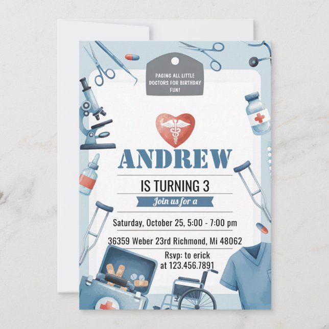 Invitation Custom Kids Doctor Medical Birthday Party  (Devant)