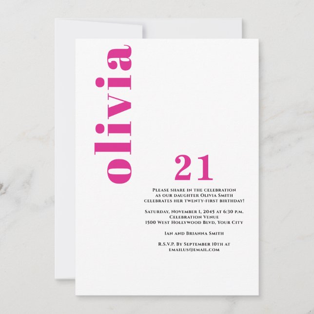 Invitation Custom Modern Pink 21e anniversaire (Devant)