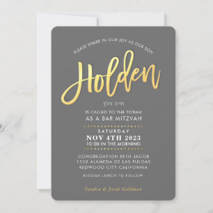Invitation CUSTOM moderne Bar Mitzvah gris faux or HOLDEN