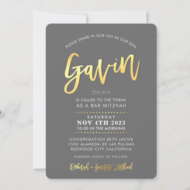 Invitation CUSTOM moderne Bar Mitzvah pour GAVIN gris faux or (Devant)