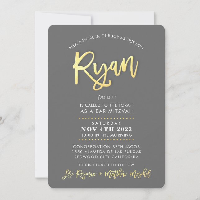 Invitation CUSTOM moderne Bar Mitzvah pour RYAN gris faux or (Devant)