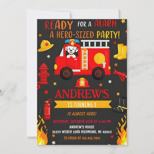 Invitation Custom Modren Fire truck Birthday party (Devant)